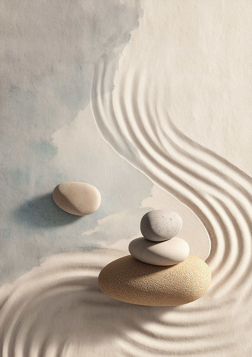 Artistic representation of a Zen stone arrangement with gentle curves and soft colours.